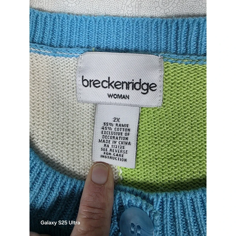 Breckenridge‎ Women 2X Palm Tree Short Sleeve Knit Cardigan Blue Green Tropical